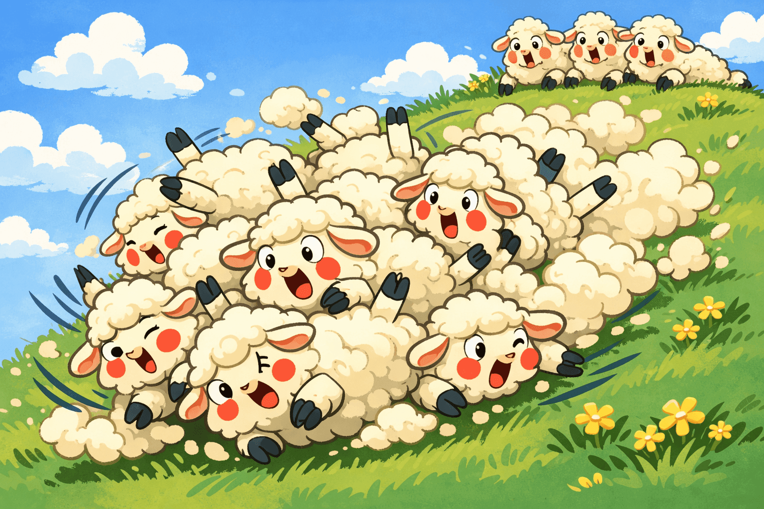 Cartoon sheep tumbling down a grassy hillside in a fluffy pile