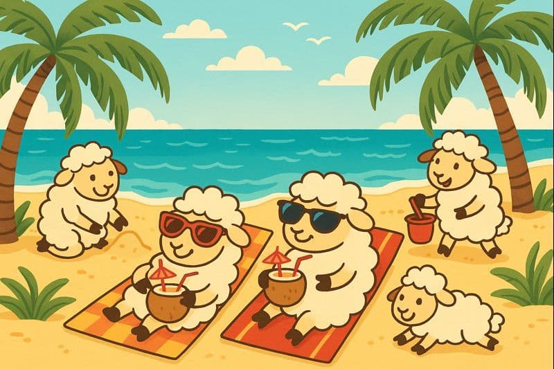 Cartoon sheep relaxing on a tropical beach with sunglasses and coconut drinks
