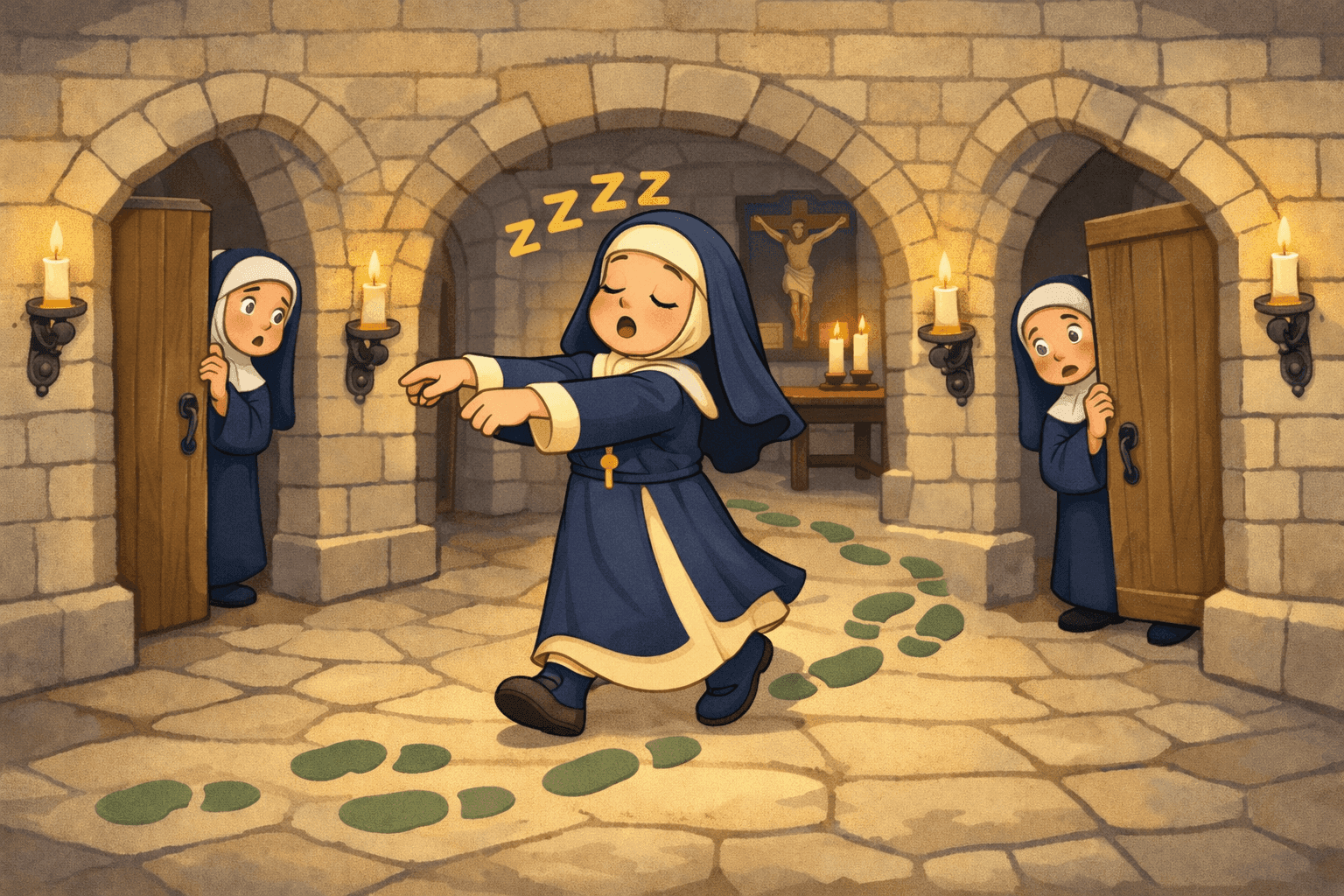 A cartoon nun sleepwalking through a monastery with closed eyes