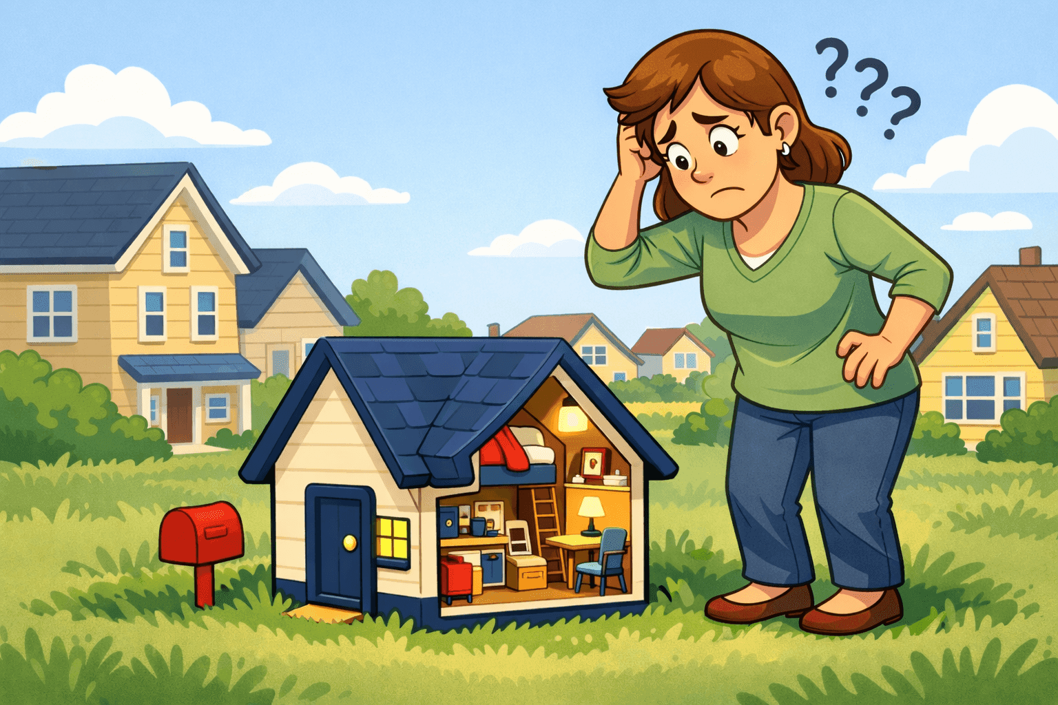 A cartoon person standing next to a comically tiny house
