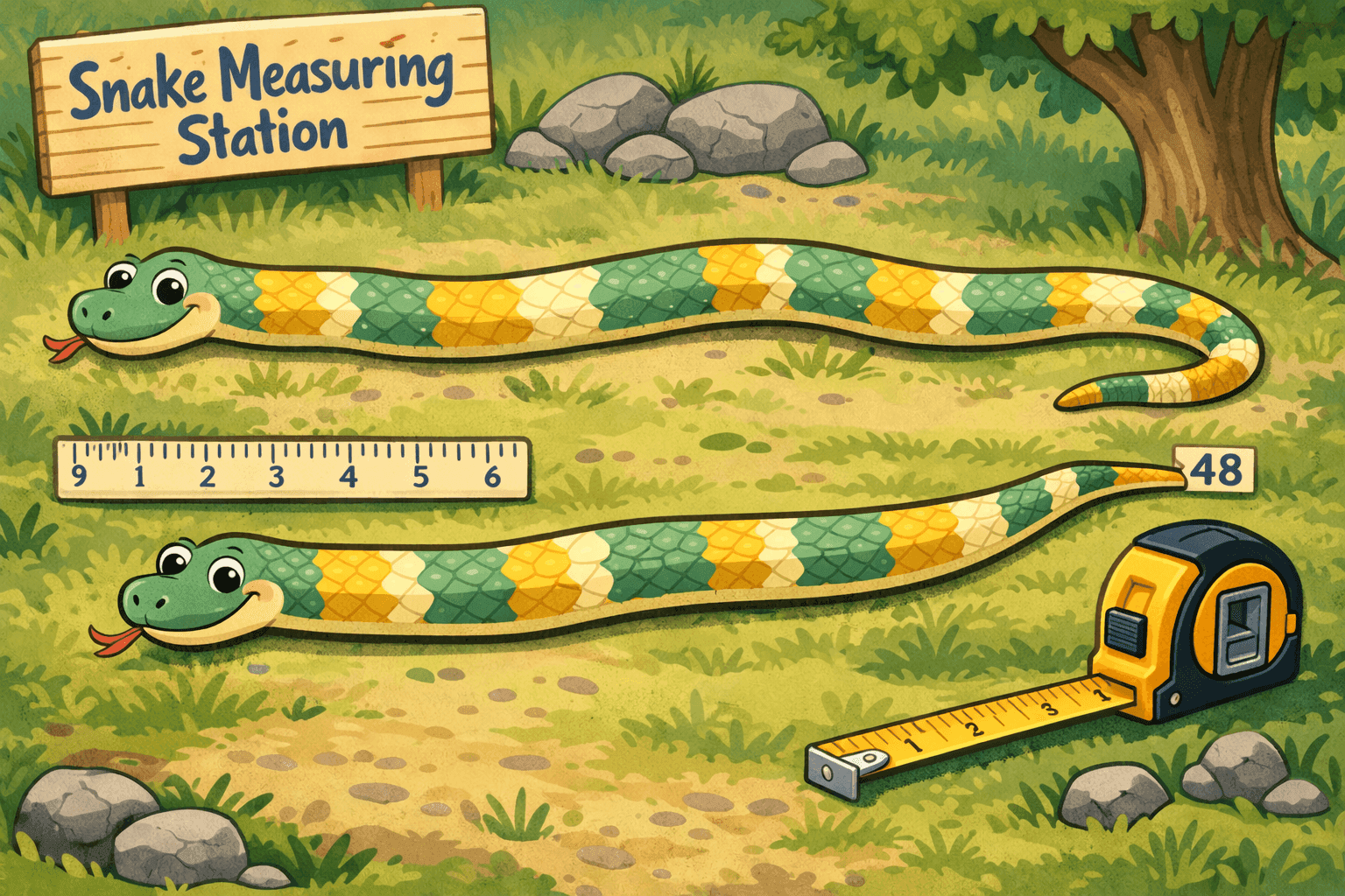 A cartoon snake being measured with a ruler showing inches