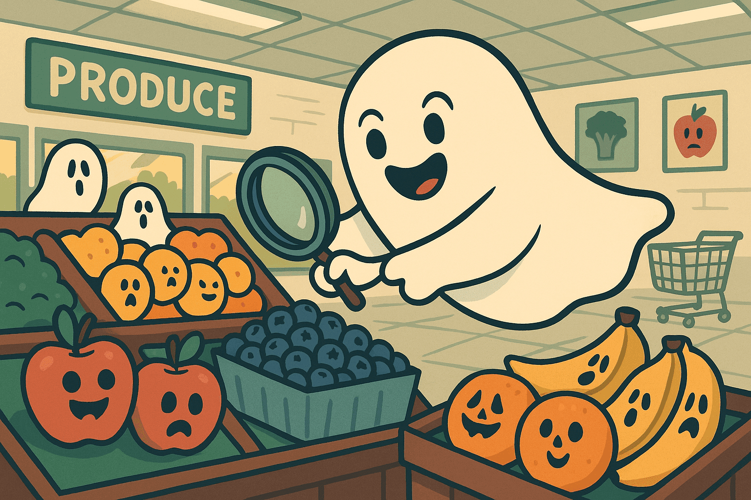 A cartoon ghost with a cheerful expression floating in a grocery store produce section, reaching for blueberries while other fruits have spooky ghost faces, creating a playful haunted market scene