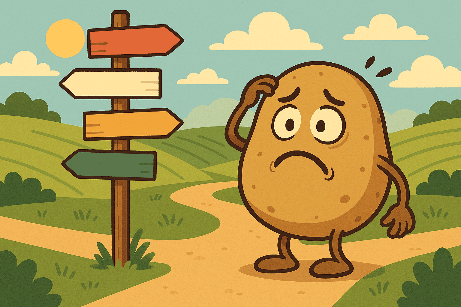 A humorous cartoon illustration of a worried-looking potato with arms, legs, and a nervous expression standing at a crossroads with multiple directional signs, scratching its head in confusion