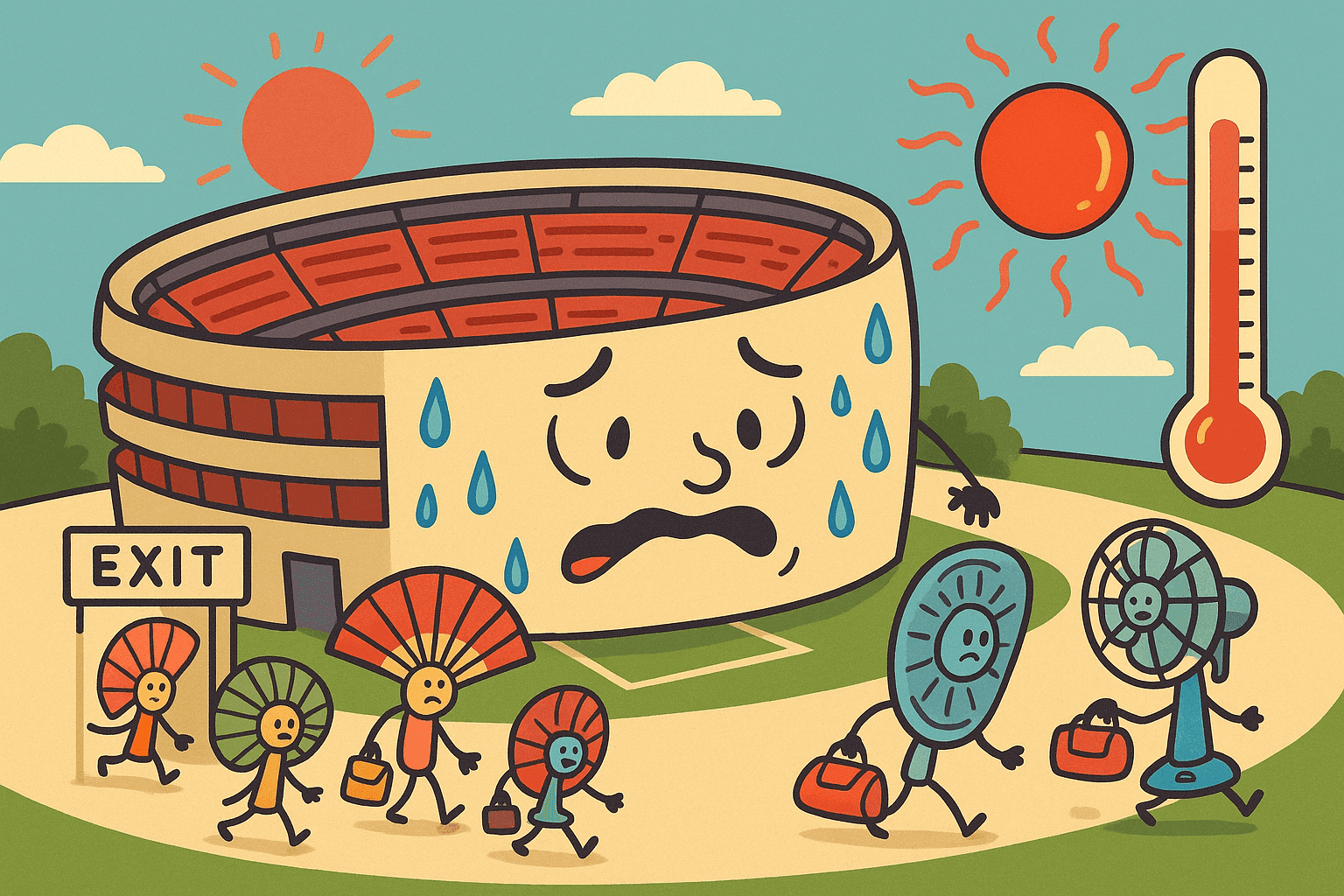 A cartoon stadium with sweat drops and a thermometer showing high temperature, while empty seats remain as anthropomorphic fans with faces wave goodbye walking out the exits