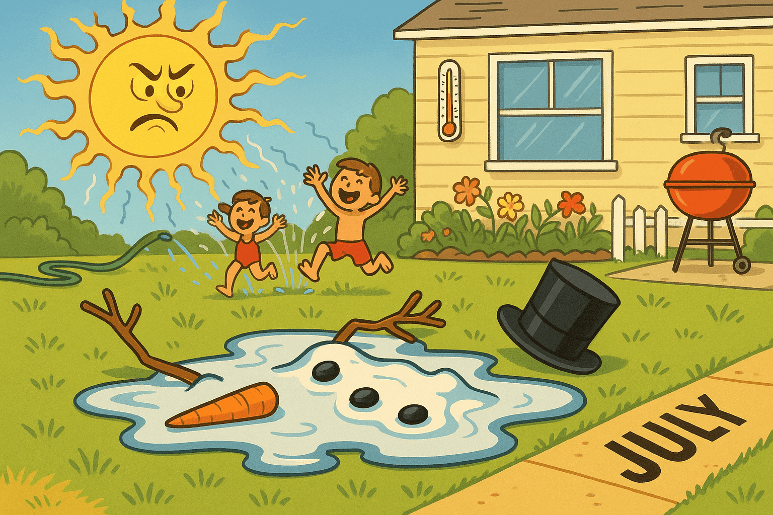 Cartoon illustration of a melting snowman reduced to a puddle of water with carrot nose, coal buttons, and stick arms lying beside it, hot summer sun blazing overhead, children playing in sprinklers in background, suburban yard setting in cream, dark blue-gray, sage green, yellow, and bright red colors