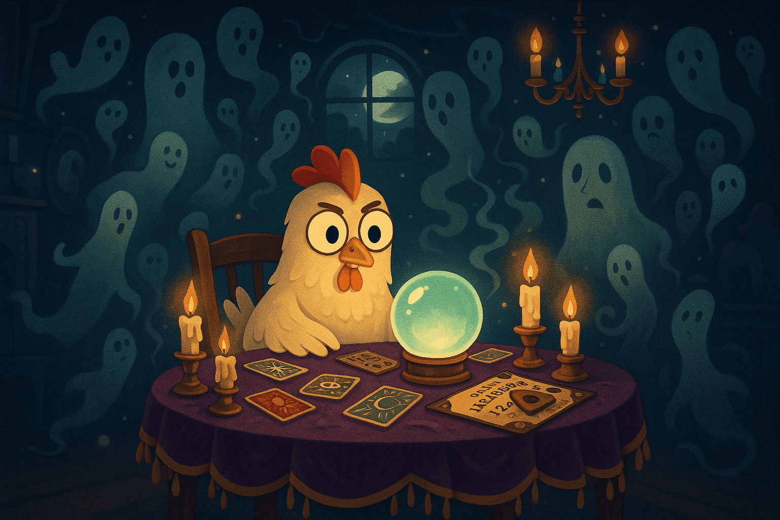 Cartoon illustration of a curious chicken sitting at a round séance table with crystal ball, candles, and tarot cards, surrounded by mystical spirits and ghostly figures, dimly lit room with draped curtains, mysterious atmosphere with floating orbs in cream, dark blue-gray, sage green, yellow, and bright red colors