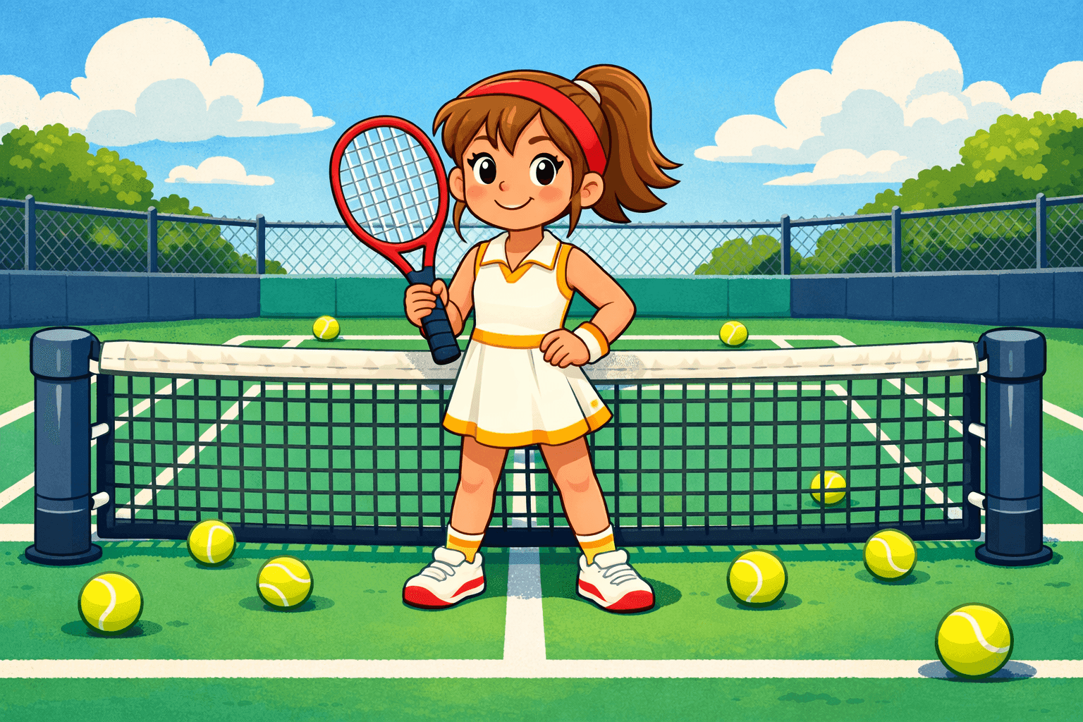 A cartoon girl standing in the middle of a tennis court surrounded by a tennis net