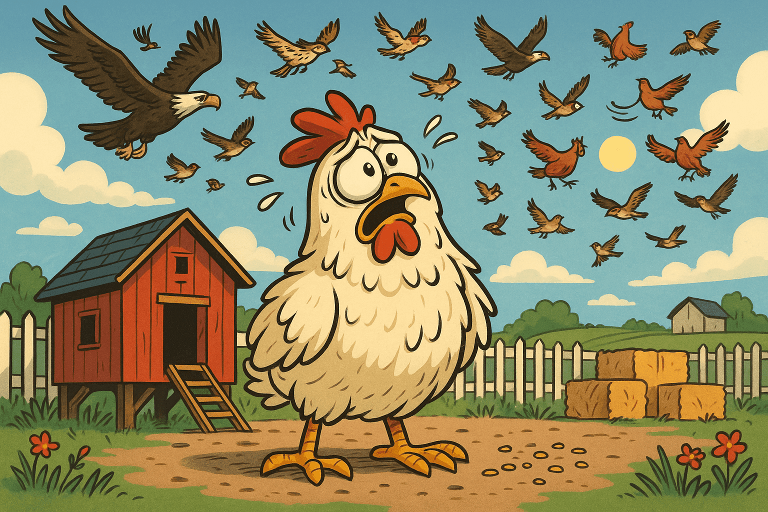 Cartoon illustration of a nervous chicken standing on ground looking up anxiously at other birds soaring high in the sky, barnyard setting with fence and coop, clouds and flying birds above, chicken clinging to ground level in cream, dark blue-gray, sage green, yellow, and bright red colors