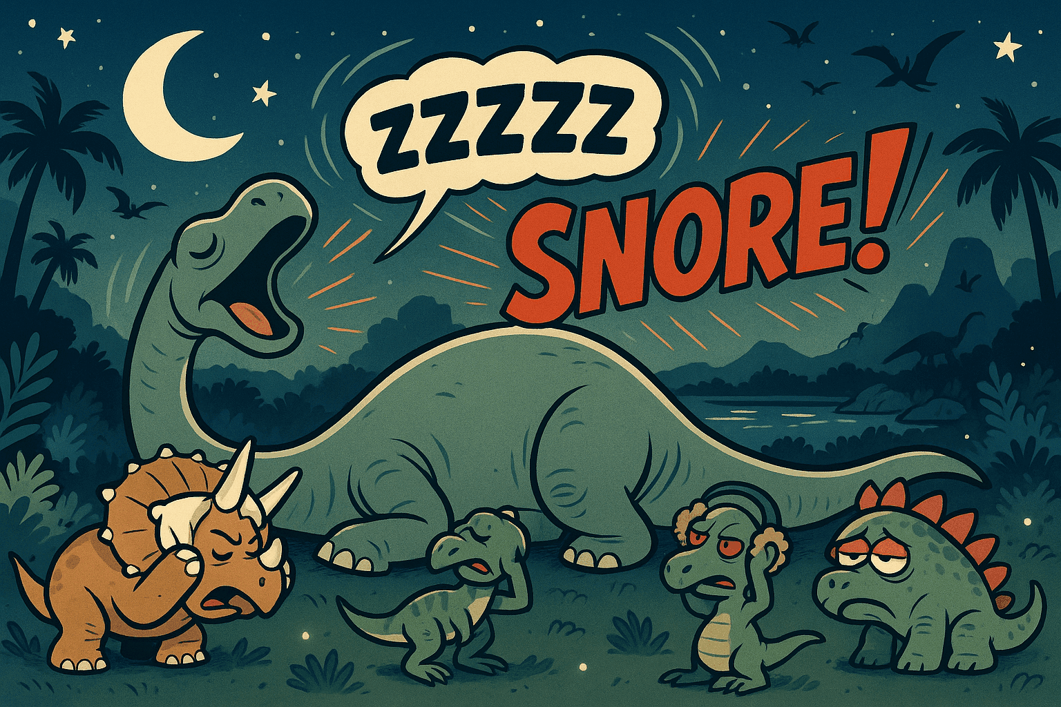 Cartoon illustration of a large Brontosaurus sleeping under stars with huge ZZZZ and SNORE text bubbles, mouth wide open making loud snoring sounds, other dinosaurs covering ears trying to sleep nearby, nighttime prehistoric scene in cream, dark blue-gray, sage green, yellow, and bright red colors