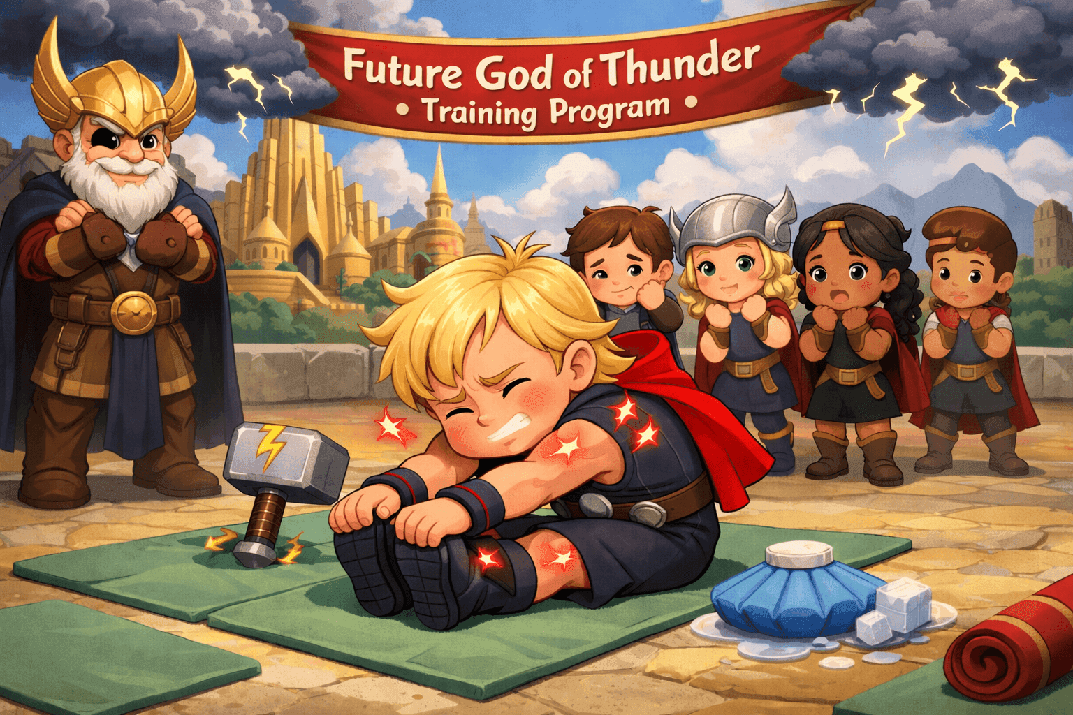 A cartoon young Thor stretching before wielding his hammer looking tired