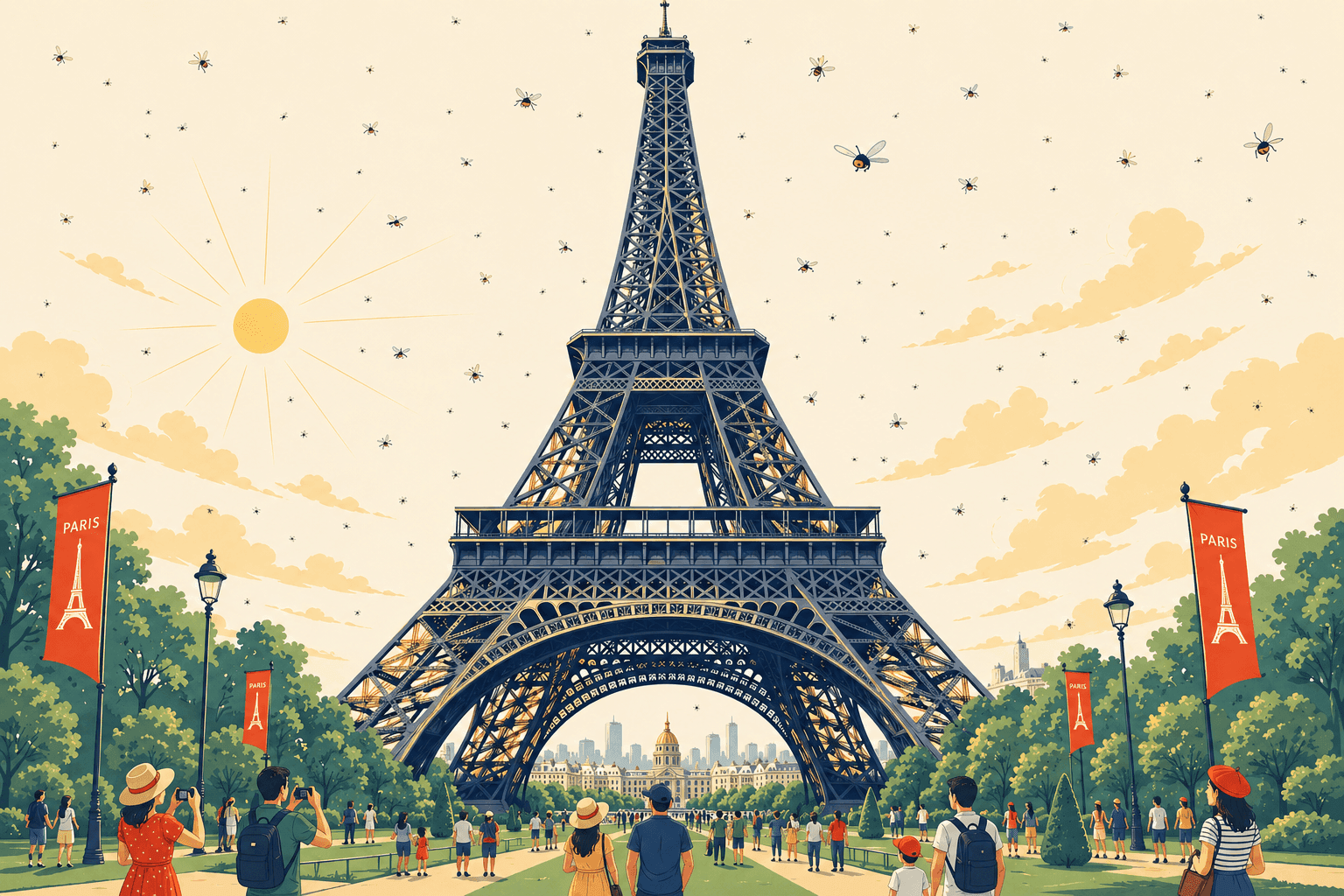 A famous tower structure with small insects illustrated nearby