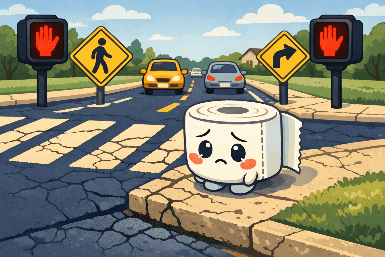 A cartoon roll of toilet paper at the edge of a road looking hesitant