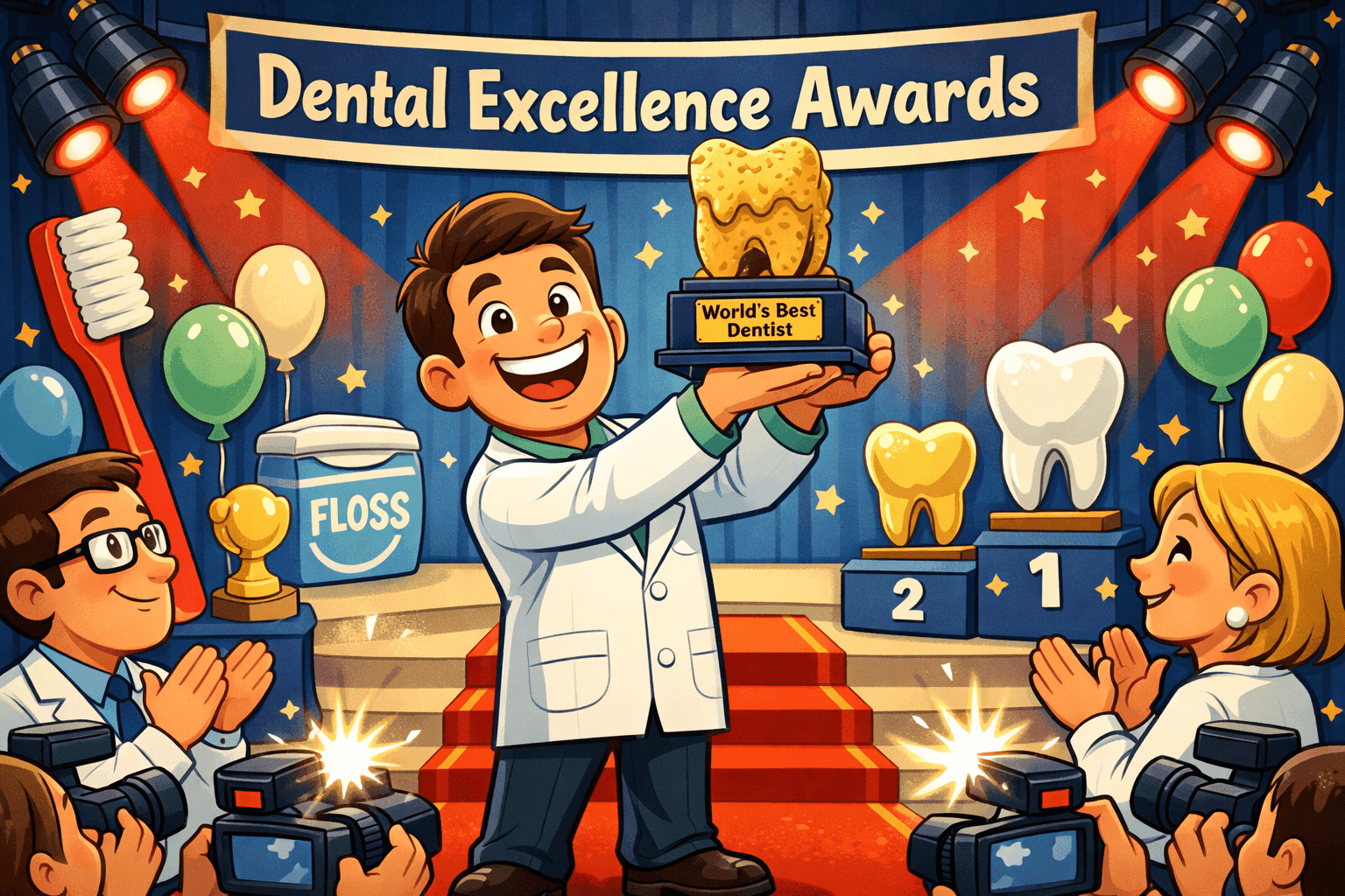 A cartoon dentist holding a trophy that looks like a plaque buildup