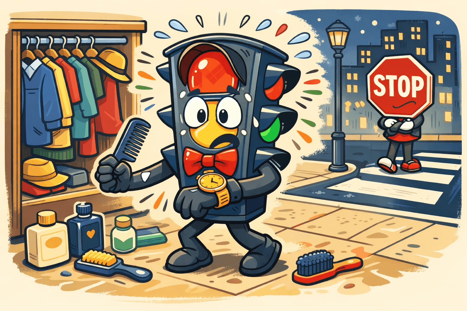 A cartoon traffic light character frantically trying to change colors while getting ready for a date