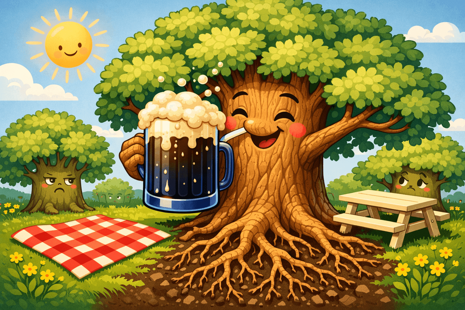 A cartoon tree happily drinking root beer through a straw