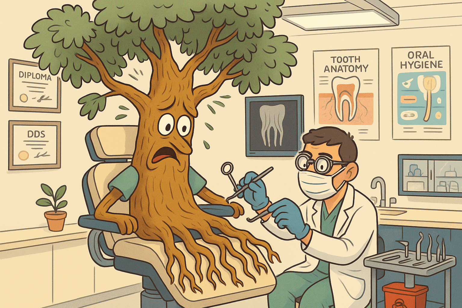 Cartoon illustration of a worried tree with expressive face sitting in a dentist's chair, dentist examining the tree's roots with dental tools and mirror, modern dental office with equipment, x-ray lightbox showing root structure, tooth charts on walls in cream, dark blue-gray, sage green, yellow, and bright red colors