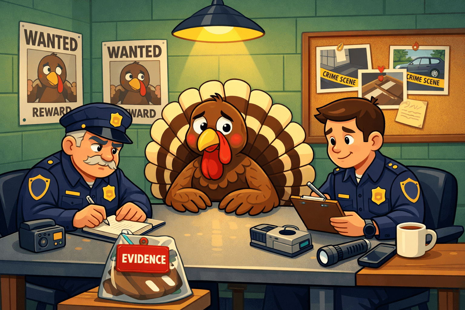 A cartoon turkey being questioned by police officers