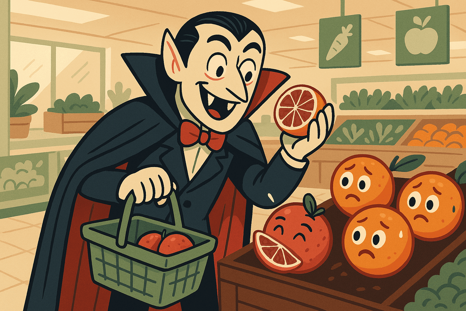 A cartoon vampire with fangs and cape in a grocery store produce section, enthusiastically selecting blood oranges while other regular oranges look nervous, set under dramatic lighting