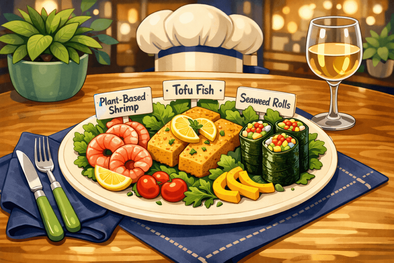 Cartoon vegan seafood alternatives arranged on a plate with vegetables