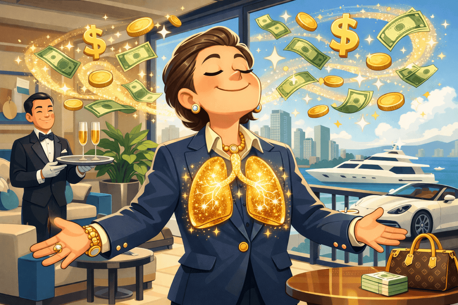 A cartoon wealthy person breathing in air with dollar signs and gold coins floating around