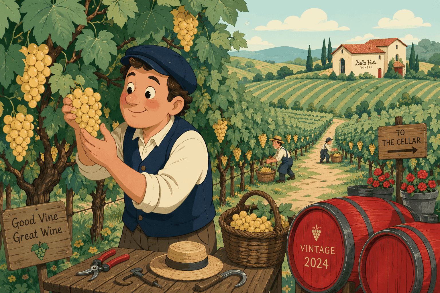 A cartoon winemaker in a vineyard checking grapevines