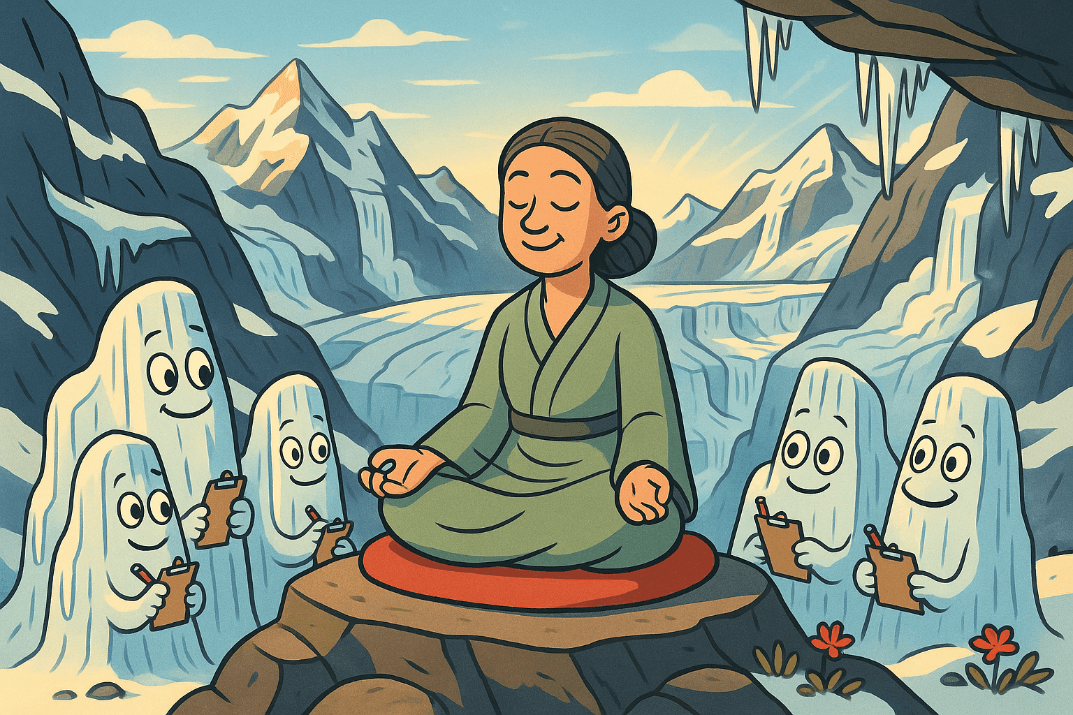 Cartoon illustration of a calm wise woman sitting on a mountain peak in meditation pose, surrounded by slow-moving glaciers with faces looking at her admiringly, taking notes on clipboards, snowy mountain landscape with ice formations and peaks in cream, dark blue-gray, sage green, yellow, and bright red colors