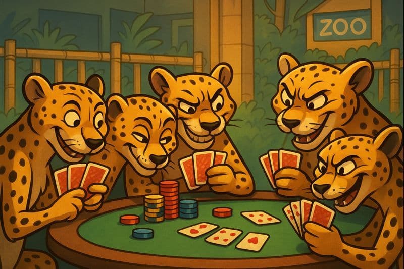Cartoon cheetahs sitting around a poker table with playing cards looking suspicious