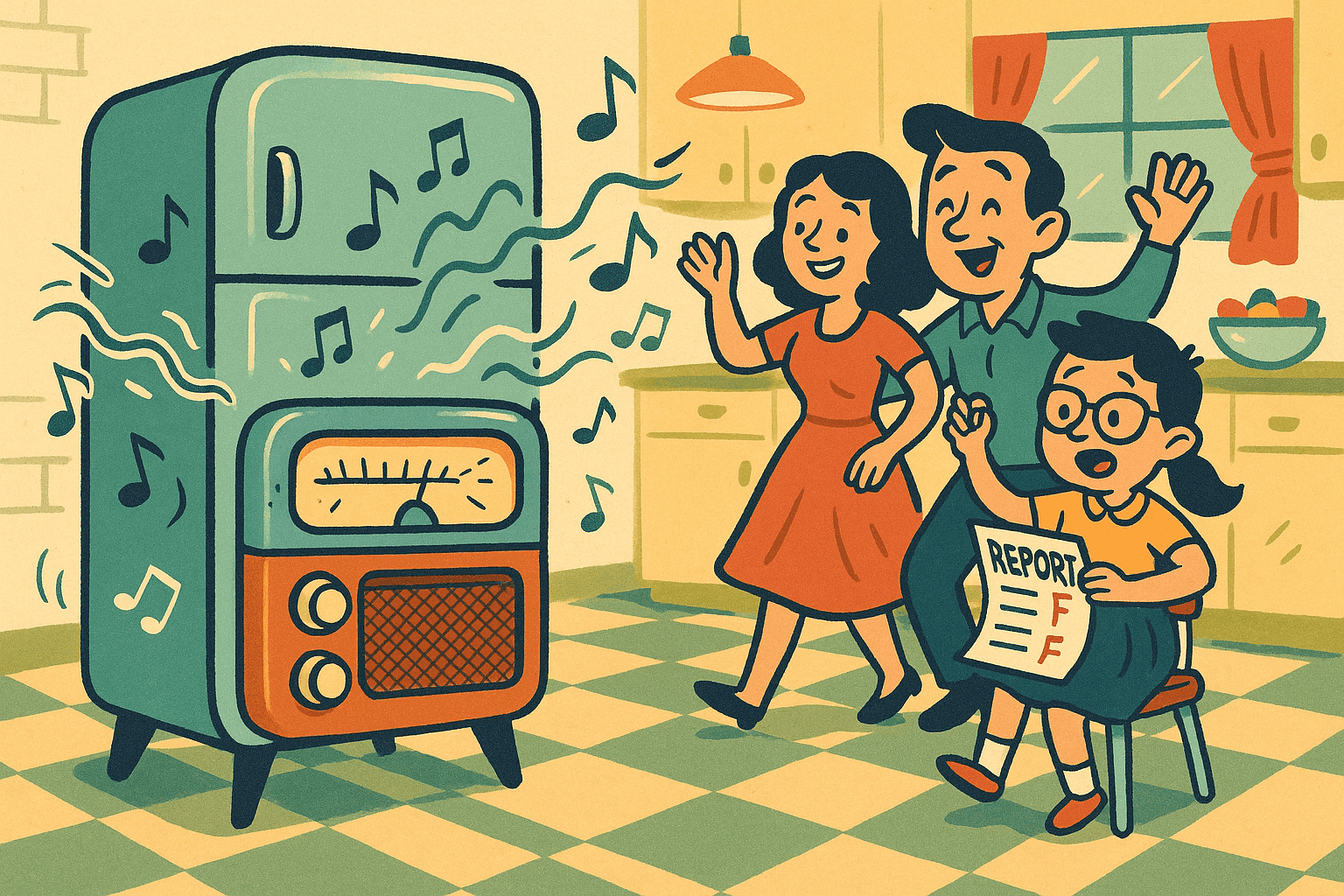Cartoon illustration of a refrigerator with a radio built into its door, musical notes floating around, and a happy family dancing in a colorful kitchen