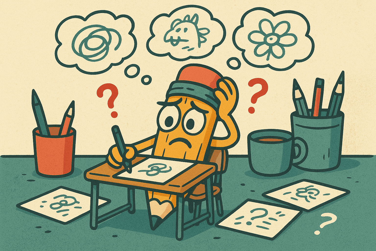 A pencil looking worried and confused at a desk