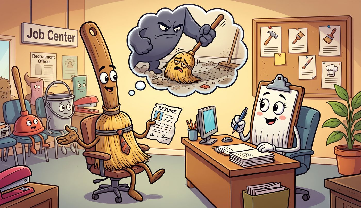Cartoon of a nervous broom in a tiny necktie sitting across a desk from a dustpan interviewer in a cheerful office