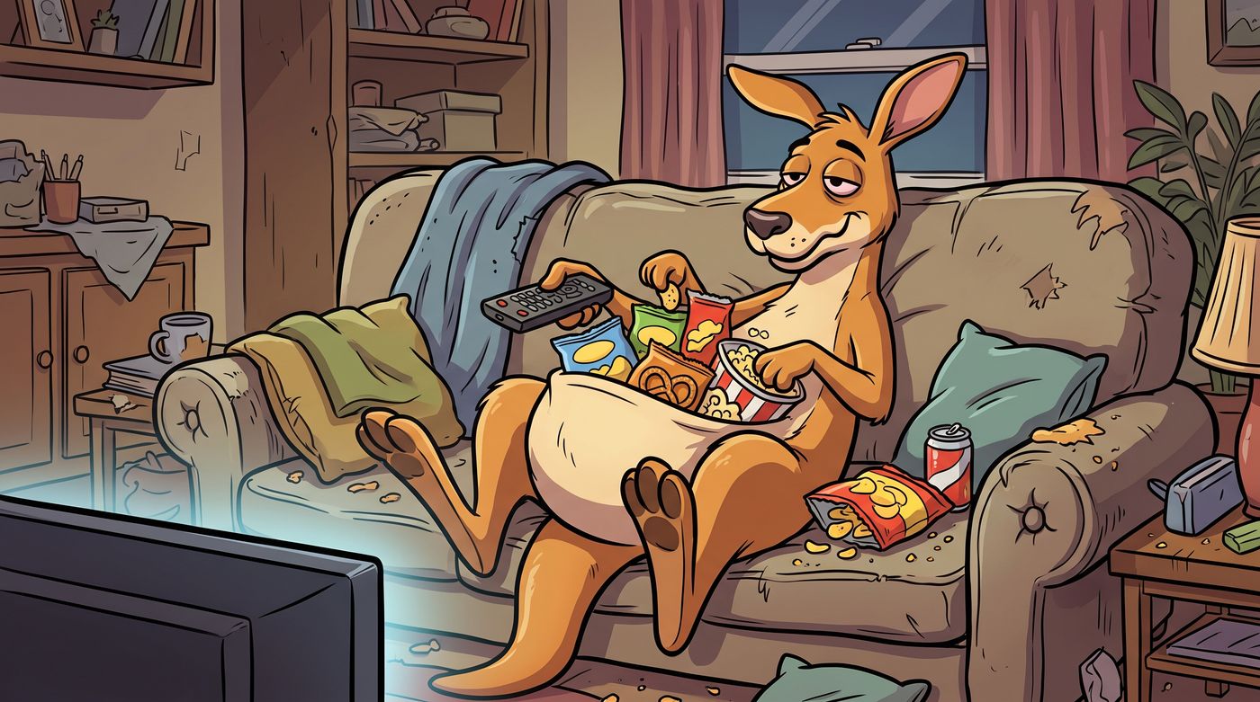 Cartoon of a relaxed kangaroo in sunglasses lounging under a eucalyptus tree while energetic kangaroos hop past in the background