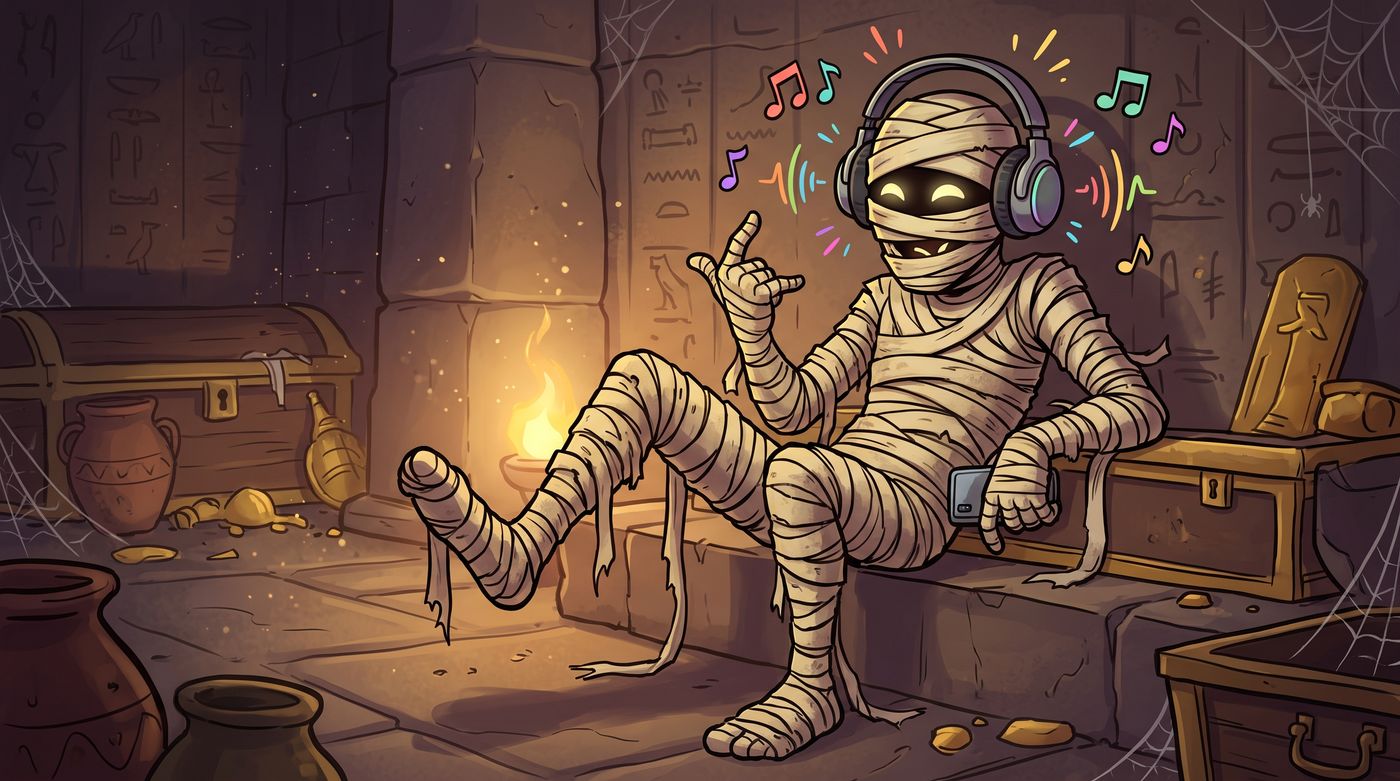 Cartoon of cheerful mummies in headphones dancing inside a colorful pyramid chamber alongside ancient harps and lutes
