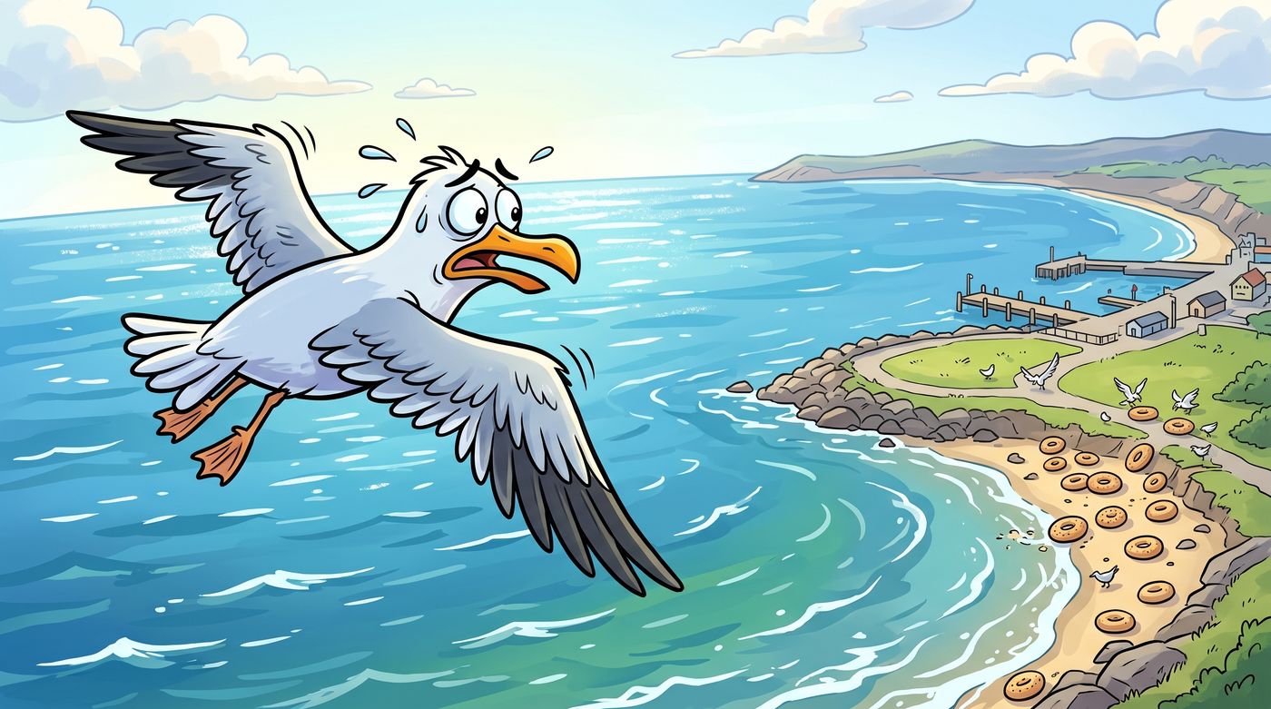 Cartoon of a flock of seagulls in pilot goggles flying in formation over the open ocean led by a captain gull
