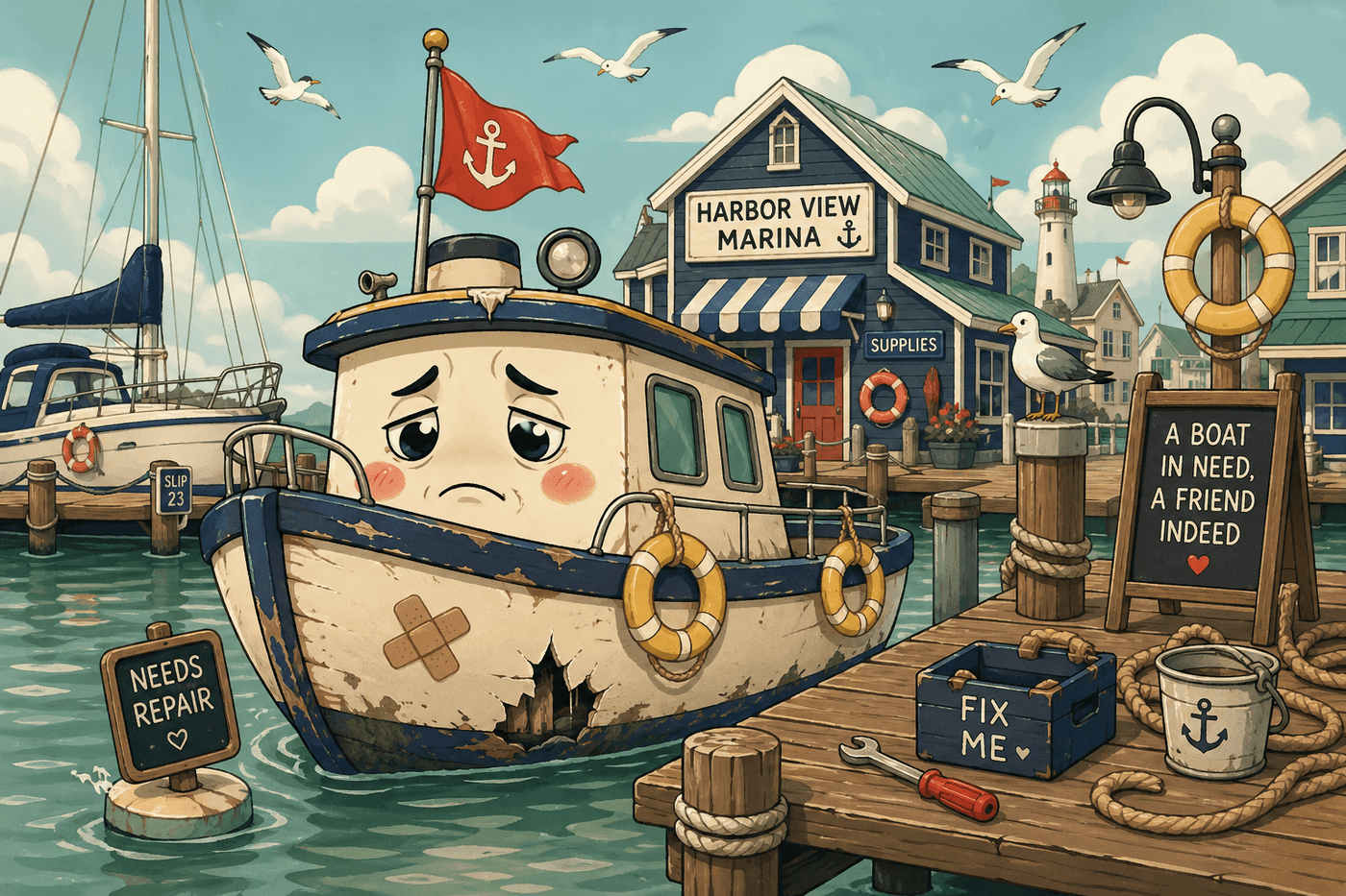 A cartoon boat looking unwell near a marina or harbor