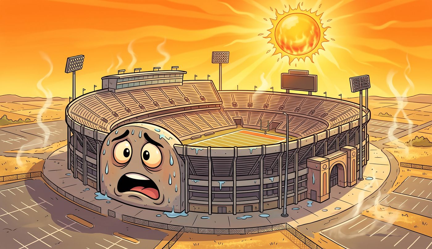 Cartoon of a sweaty team mascot and players on a sweltering stadium field beside a giant thermometer and melting popsicles